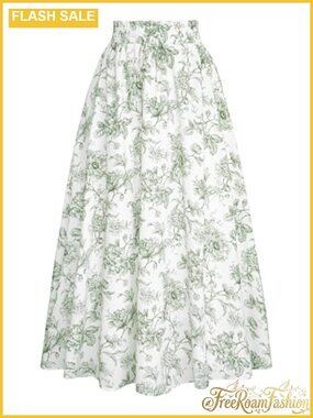Floral Maxi Skirt High Waist A-Line Pleated Long Skirt with Pockets
